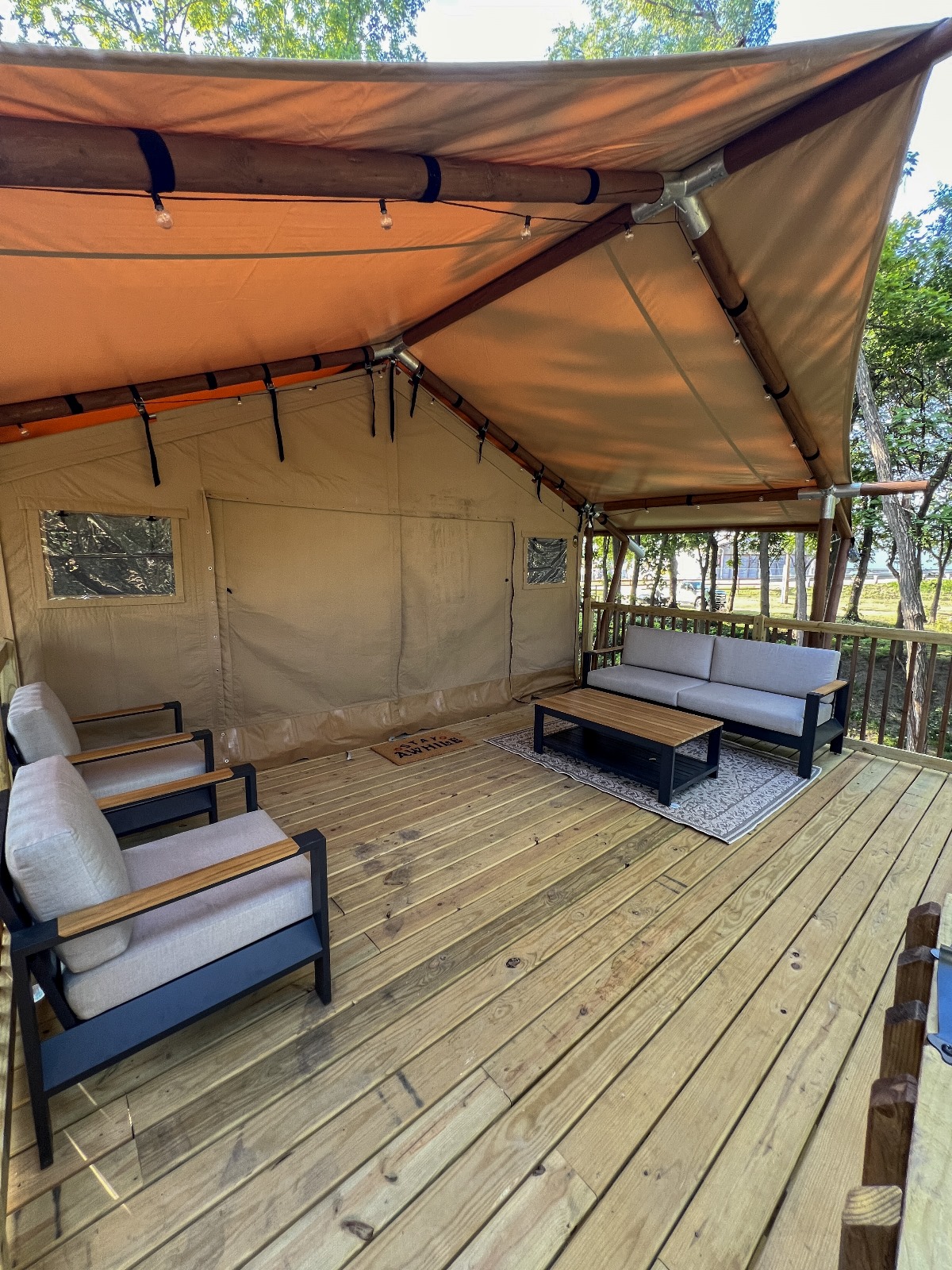 Safari Cantina Luxury Glamping tents indoor view of living space.