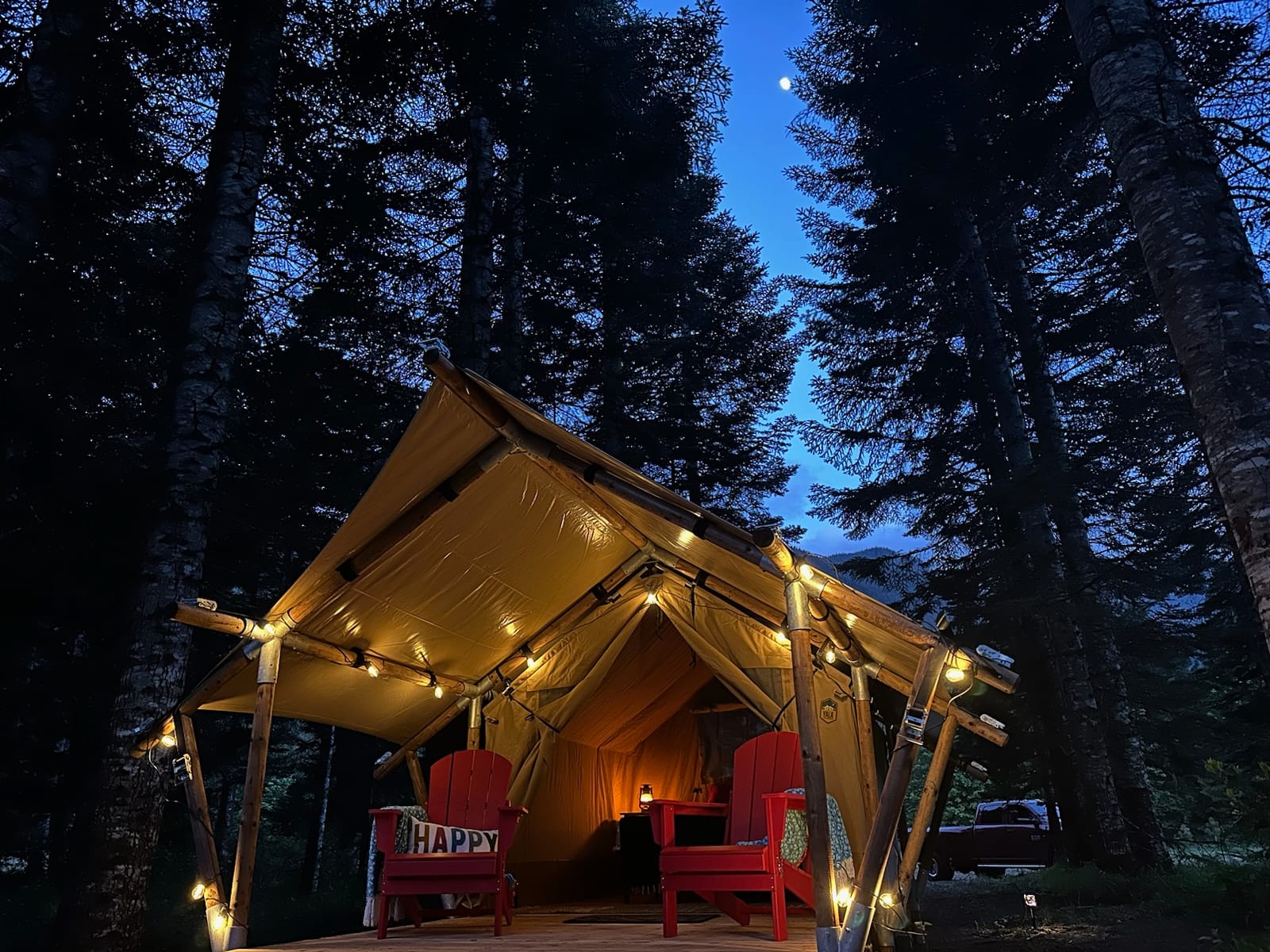 Glamping tent at night