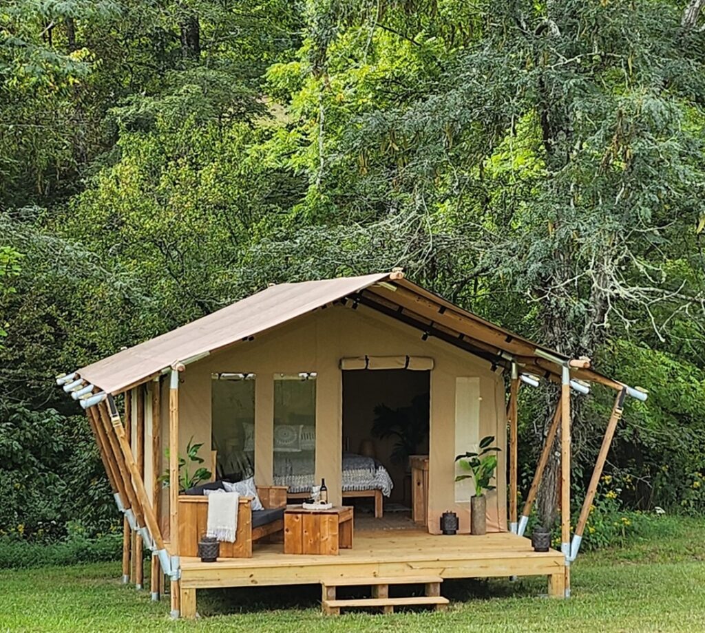 Front View of safari Woodsman glamping tent 2025